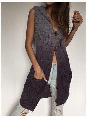 Free People Chunky Knit Hooded Vest in Light Gray